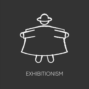 Exhibitionism chalk icon. Nude body exposure. Pervert in open coat. Deviation and perversion. Inappropriate erotic behaviour. Paraphilia. Mental disorder. Isolated vector chalkboard illustration