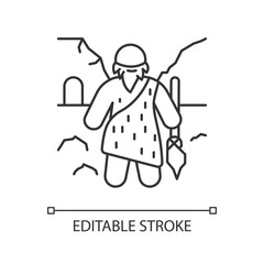 Caveman linear icon. Prehistoric man with beard. Primeval hunter with spear. Neanderthal in old age. Thin line illustration. Contour symbol. Vector isolated outline drawing. Editable stroke