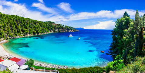 Best beaches of Alonissos island - tranquil organized Milia. Sporades, Greece