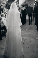 Beautiful wedding and a long white dress.Black-and-white photo.Jewish wedding.