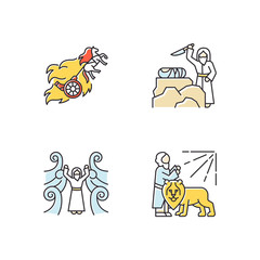 Bible narratives color icons set. Chariot of fire, binding of Isaac myths. Religious legends. Christian religion, holy book scenes plot. Biblical stories. Isolated vector illustrations