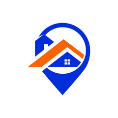 Modern blue and orange house location pin icon symbolizing real estate and navigation