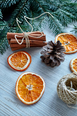 Obraz na płótnie Canvas Christmas decoration with dried orange, New Year mood