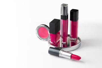 cosmetic lipstick gloss set collection with mirror in beauty fashion makeup concept, luxury package product