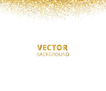 Sparkling glitter border, frame. Falling golden dust isolated on white background. Vector gold glittering decoration.