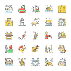 Bible narratives color icons set. Noah Ark, Babel tower. Moses, God myths. Religious legends. Christian religion, holy book scenes plot. Biblical stories. Isolated vector illustrations