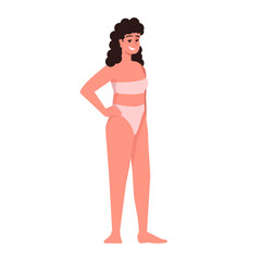 Woman dressed in two-piece swimsuit flat vector illustration. Body positive. Thin figure. Caucasian smiling lady with curly black hair and freckles isolated cartoon character on white background