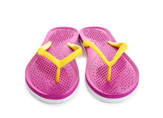 Stylish bright flip flops isolated on white