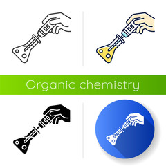 Testing reactives in lab flask icon. Organic chemistry. Conducting experiment. Laboratory work. Interaction with chemicals. Flat design, linear, black and color styles. Isolated vector illustrations