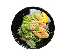 Plate with tasty grilled fish isolated on white, top view