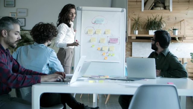 Front view of serious young woman explaining strategy to coworkers. Confident businesswoman standing near board with flowchart made from sticky notes. Business strategy concept