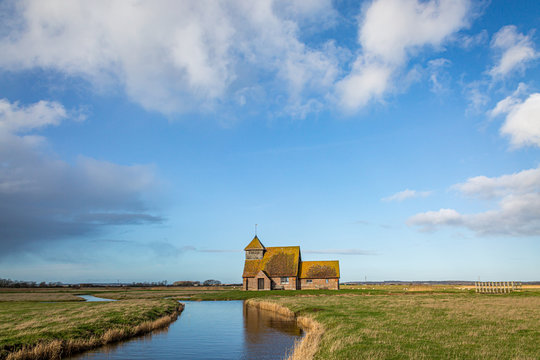 A view of St Thomas a Becket Church at Fairfield, on Romney Marsh in Kent