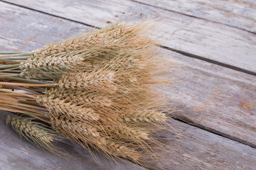 Cereal ears on wooden background. Bouquet of wheat ears on rustic wooden planks. Harvest concept.