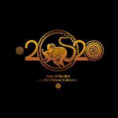 Chinese Zodiac Sign Year of Rat. Metallic Gold Rat 2020. New Year's decor greeting card with a Chinese rat running in a golden circle 2020. Happy Chinese New Year 2020. 