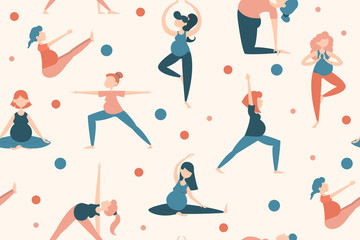 Seamless pattern with pregnant woman in yoga pose