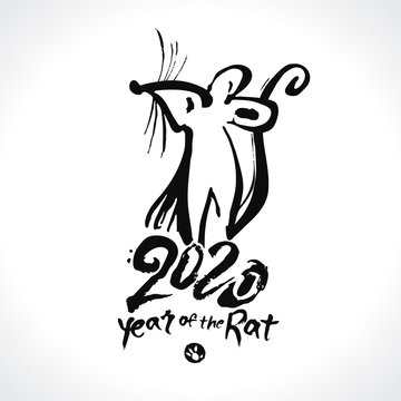 Hand drawn brush and ink blot template Rat 2020. Handwriting rat 2020. Year of the Rat on the Chinese calendar.