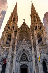  St. Patrick's Cathedral facade at Sunset. Manhattan, New York City. United States.