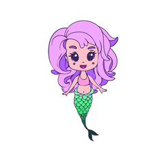 Vector illustration of cute little mermaid with violet hair and green tail in doodle chibi hand drawn style. Magic character for kids. Beautiful siren with big eyes,