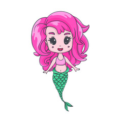 Vector illustration of cute little mermaid with pink hair and green tail in doodle chibi hand drawn style. Magic character for kids. Beautiful siren with big eyes,