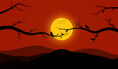 vector illustration of a mountain line with birds and tree under the sky along the sun