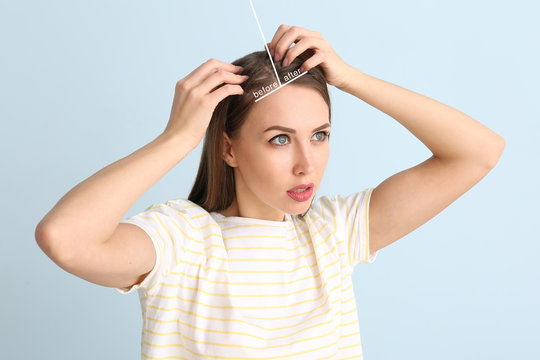 Woman Before And After Hair Loss Treatment On Color Background