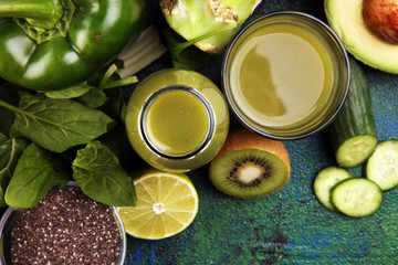 Healthy green smoothie and ingredients - detox and diet for health