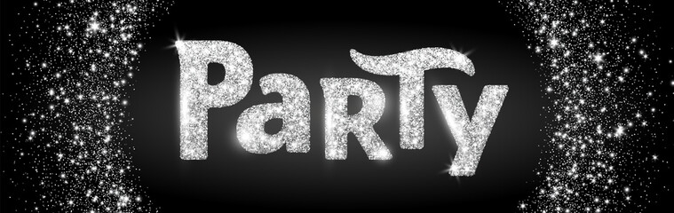 Party word, glitter banner with typography. Sparkles on black background, silver vector dust.