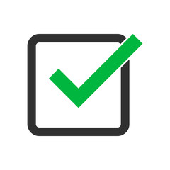 Green check mark in black check box icon isolated on white background. Vector illustration.