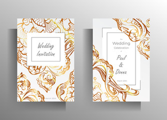 Design wedding invitation template set. Golden floral hand-drawn ornament on a white background. EPS 10 vector.