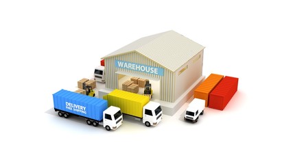 Online delivery service concept, online order tracking. Delivery home and office. City logistics. Warehouse, truck, forklift, courier, delivery man, on mobile.