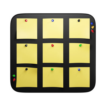 Black office whiteboard with sticky notes to remind important things. Yellow paper pinned on the colored pins. 3D illustration on white background. Frontal view.