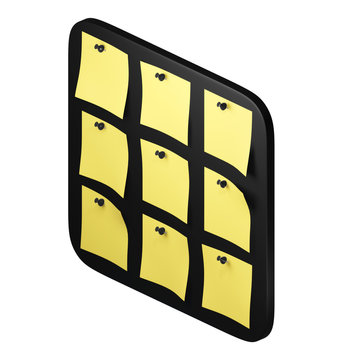 доска  Black office whiteboard with sticky notes to remind important things. Yellow papers pinned to black pins. 3D illustration on white background. Isometric view.