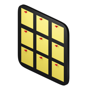 Black office whiteboard with sticky notes to remind important things. Yellow papers pinned on red pins. 3D illustration on white background. Isometric view.