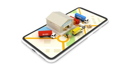 Online delivery service concept, online order tracking. Delivery home and office. City logistics. Warehouse, truck, forklift, courier, delivery man, on mobile.