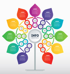 Business presentation with 11 steps and 22 icons. Template of development tree. Diagram looks like Flower. Infographic of technology or education process with eleven options. Vector.