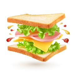 Flying sandwich isolated on white background