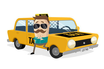 funny cartoon illustration of a taxi driver leaning on his car