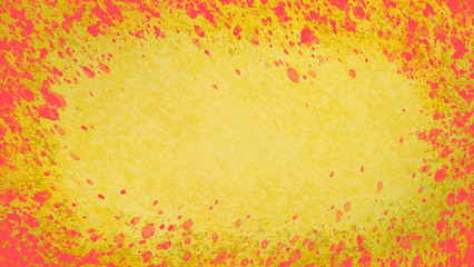 Hintergrund stilvoll gelb fast gold mit Farbspritzer in rot als Rahmen, feurig flammende Wärme, Design zeitlos und elegant