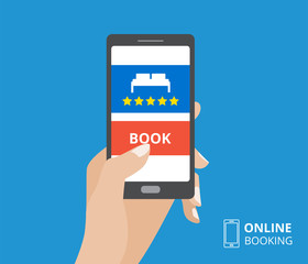 Design concept of hotel booking online. Hand holding smartphone with book button and bed icon on screen