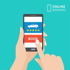 Hand holding smartphone with book button and car icon on screen. Design concept of online booking, car hire mobile application.