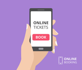 Hand holding smartphone with book button on screen. Concept of online tickets mobile application
