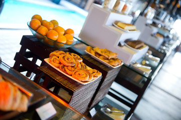 Delicious hotel restaurant allinclusive buffet with tasty food. Baking on plates