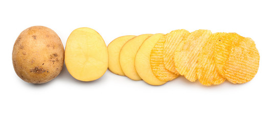 Tasty chips with raw potato on white background