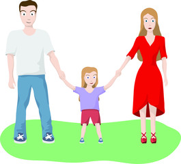 vector illustration of a smiling dad, mom and daughter holding hands