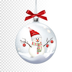 Realistic transparent christmas ball with bow and snowman, isolated on transparent background.