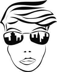 vector image of a woman's face in sunglasses reflecting the city