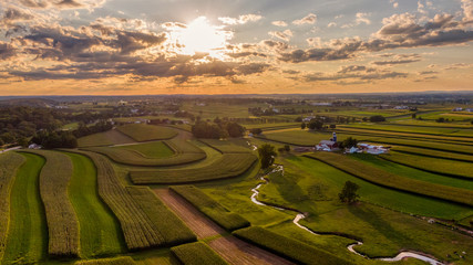 Magical sunset in rural American countryside, aerial view © asafaric