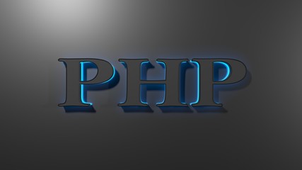 PHP black write with blue backlight, on black surface - 3D rendering illustration