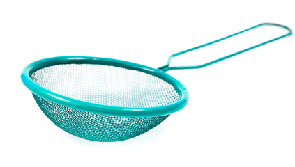 Colander with blue handle. Colander with red handle on white background