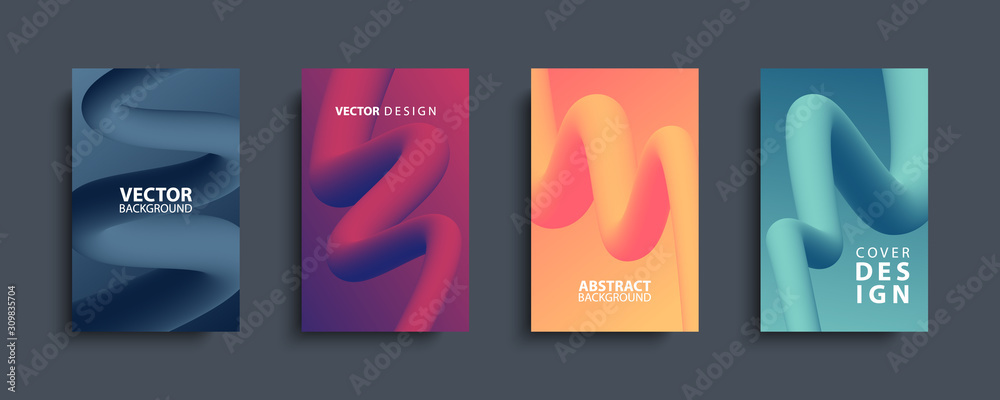 Poster 3d flow abstract shapes creative design set. Dynamic liquid color wave backgrounds or covers. Templates collection for brochures, posters, banners, flyers and cards. Vector illustration.